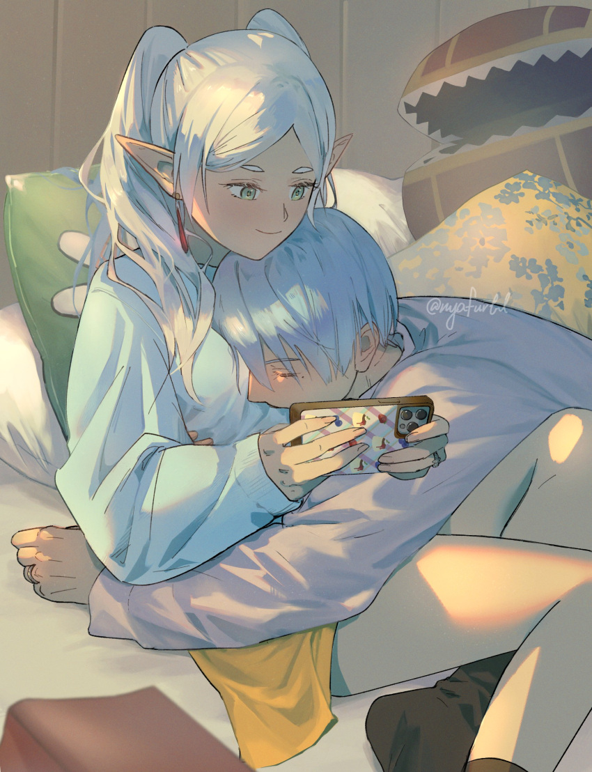1boy 1girl absurdres artist_name baggy_clothes bedroom black_socks blue_hair blue_shirt book breasts cellphone closed_eyes closed_mouth commentary couple cuddling elf eyelashes foot_out_of_frame frieren green_eyes hair_over_shoulder head_on_chest highres himmel_(sousou_no_frieren) holding holding_phone indoors jewelry long_hair long_sleeves looking_at_phone lying lying_on_person mimic mimic_chest mole mole_under_eye nyafurbl on_bed on_stomach open_book parted_lips phone pillow pointy_ears ring sharp_teeth shirt signature sitting skirt small_breasts smartphone smile socks sousou_no_frieren teardrop_earrings teeth thick_eyebrows twintails twitter_username upper_body wainscoting wedding_ring white_hair white_shirt wooden_wall yellow_skirt