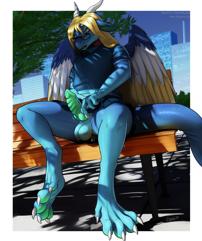 anthro balls bench blonde_hair blue_body blue_scales bottomless bottomwear building city claws clothed clothing dragon erection eyewear feathered_wings feathers genitals girly glasses hair hi_res levant_lazuli mythological_creature mythological_scalie mythology outside park_bench penis pussy scales scalie shirt skipsy skirt skyscraper solo toe_claws topwear wings