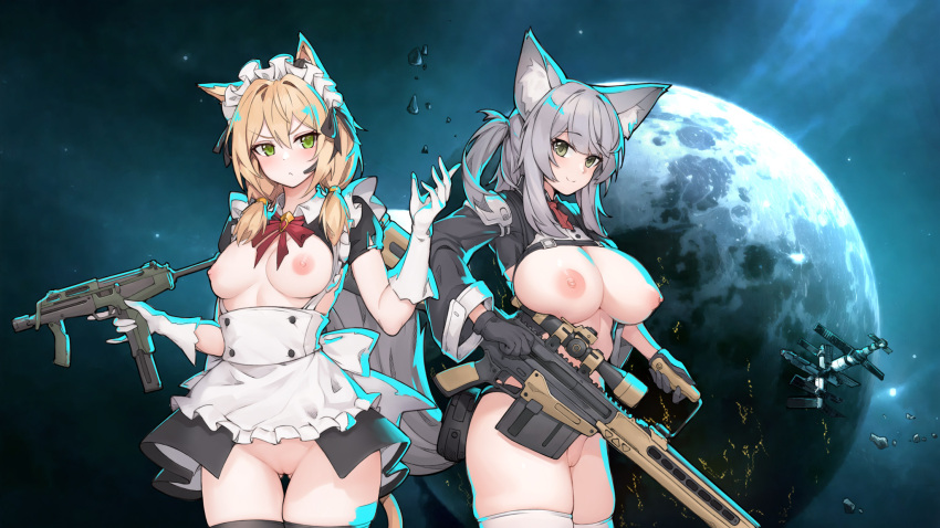 2girls animal_ear_fluff animal_ears asteroid black_gloves blonde_hair blush breasts breasts_out character_request commentary_request corset gloves gun highleg highres holding holding_gun holding_weapon large_breasts looking_at_viewer maid maid_headdress medium_breasts multiple_girls navel nipples nude planet pussy revealing_clothes rifle rimworld shrug_(clothing) skindentation skirt sniper_rifle space space_station spacecraft stmast submachine_gun tail thighhighs unconventional_maid weapon white_gloves white_thighhighs wolf_ears wolf_girl wolf_tail