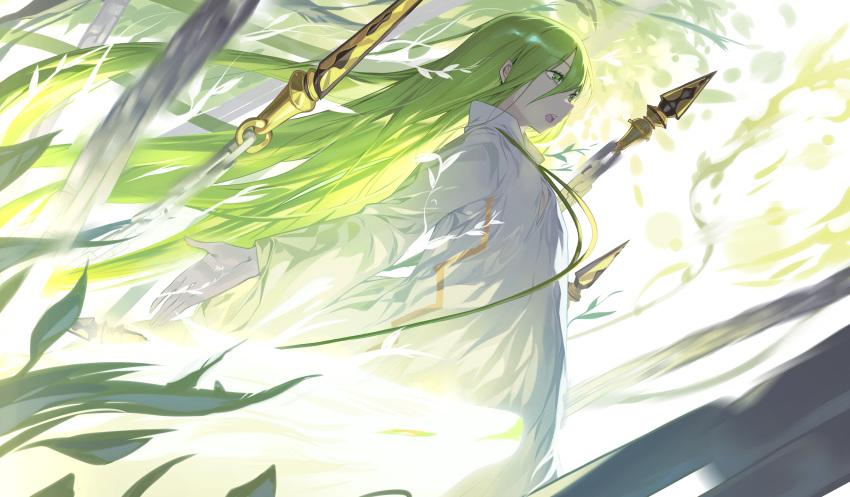 1boy absurdres enkidu_(fate/strange_fake) eyebrows_visible_through_hair fate/grand_order fate_(series) green_eyes green_hair hair_between_eyes highres long_hair open_mouth plant ssangbong-llama teeth tongue upper_teeth weapon