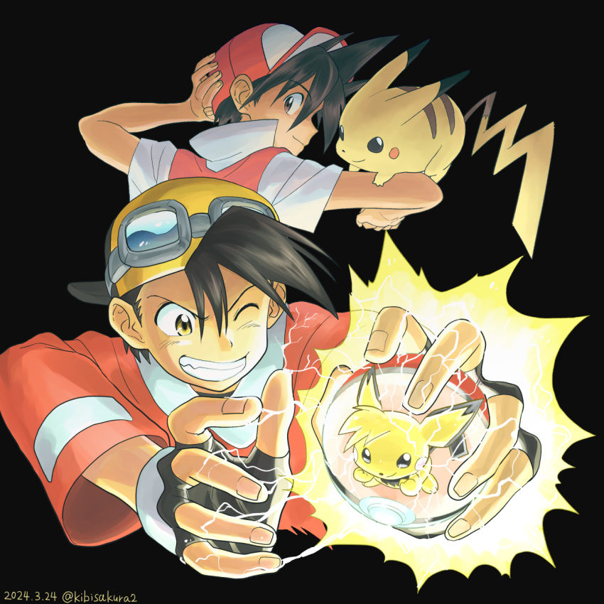 2boys artist_name baseball_cap black_background closed_mouth commentary_request dated electricity ethan_(pokemon) goggles goggles_on_headwear hat highres holding holding_poke_ball kibisakura2 male_focus multiple_boys one_eye_closed pichu pikachu poke_ball poke_ball_(basic) pokemon pokemon_(creature) pokemon_adventures red_(pokemon) red_hat simple_background smile tail teeth twitter_username yellow_eyes yellow_fur yellow_hat