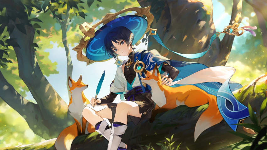 1boy black_bow black_hair black_shirt black_shorts blue_cape blue_hat blue_ribbon blue_sky blunt_ends blurry blurry_background bow branch bridal_gauntlets cape choppy_bangs closed_mouth commentary_request dappled_sunlight day english_commentary eyeshadow feet_out_of_frame fox frown genshin_impact hat hat_ribbon holding holding_quill in_tree jacket jingasa korean_commentary lens_flare light_particles looking_at_viewer makeup male_focus masa_ashe mixed-language_commentary open_clothes open_jacket outdoors paper parted_bangs pom_pom_(clothes) purple_eyes purple_sash quill red_eyeshadow ribbon sash scaramouche_(genshin_impact) shirt short_hair short_shorts short_sleeves shorts sitting sitting_in_tree sky sleeveless sleeveless_shirt solo sunlight tassel tree vision_(genshin_impact) wanderer_(genshin_impact) white_jacket