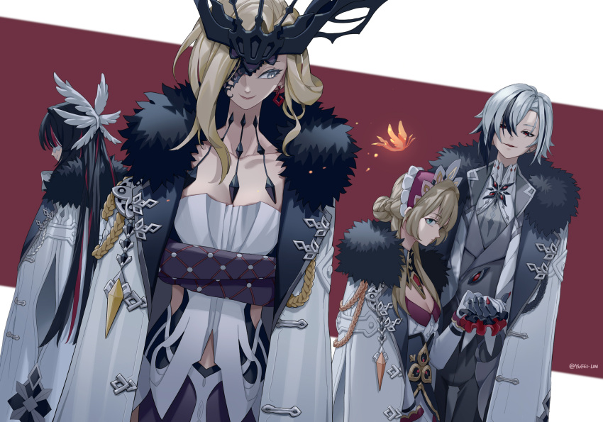 4girls arlecchino_(genshin_impact) black_eyes black_hair black_hands black_mask blonde_hair bow bowtie closed_eyes coat columbina_(genshin_impact) crimson_lotus_moth_(genshin_impact) dress earrings fishnet_gloves fishnets fur-trimmed_coat fur_trim genshin_impact gloves half_mask headdress highres jewelry lace-trimmed_eyepatch mask mask_over_one_eye multicolored_hair multiple_girls one_eye_covered red_pupils sandrone_(genshin_impact) short_hair_with_long_locks signora_(genshin_impact) single_earring strapless strapless_dress streaked_hair studded_gloves symbol-shaped_pupils twitter_username two-tone_hair white_bow white_bowtie white_coat white_hair x-shaped_pupils yufei_lin