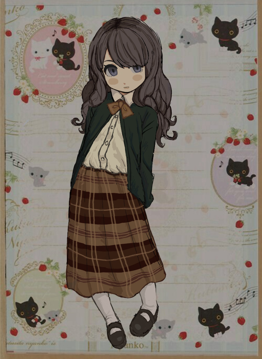 1girl arms_behind_back blush_stickers brown_hair brown_skirt buttons cardigan collared_shirt expressionless fear_&amp;_hunger fear_&amp;_hunger_2:_termina full_body green_cardigan grey_eyes highres kamuu0428 long_hair long_skirt looking_at_viewer marina_(fear_&amp;_hunger) mary_janes plaid plaid_skirt shirt shoes skirt socks solo white_shirt white_socks