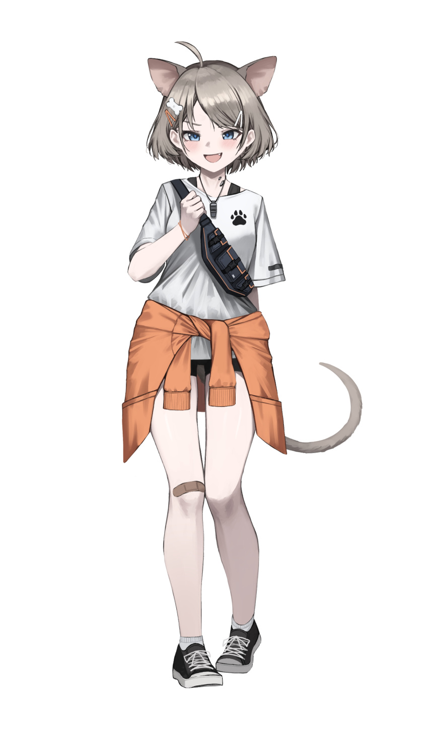 1girl :d ahoge almond_(arknights) animal_ears arknights arm_behind_back bag bandaid bandaid_on_knee bandaid_on_leg bangs_pinned_back bare_legs black_footwear black_shorts blue_eyes bracelet cardigan cardigan_around_waist clothes_around_waist dog_ears dog_girl dog_tail fanny_pack full_body grey_hair hair_ornament hairpin hand_on_own_chest highres jewelry kimsuwan2013 knees_together_feet_apart looking_at_viewer open_mouth orange_cardigan paw_print print_shirt shirt shoes short_hair short_sleeves shorts shoulder_bag sidelocks simple_background smile sneakers socks solo swept_bangs tail white_background white_shirt white_socks