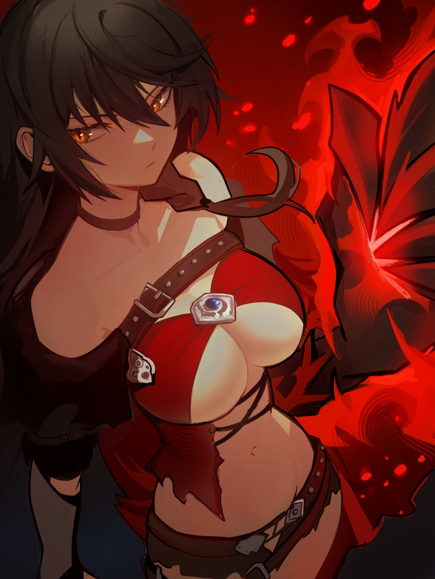 1girl absurdres bare_shoulders black_hair black_jacket black_shorts breasts brown_eyes claws cleavage collar cross-laced_clothes distr highres jacket large_breasts long_hair looking_to_the_side navel red_background red_shirt revealing_clothes shirt shorts solo tales_of_(series) tales_of_berseria velvet_crowe