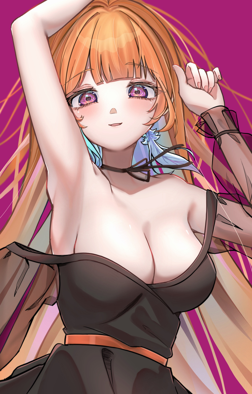 1girl absurdres armpits bare_shoulders black_choker black_dress blunt_bangs blush breasts choker clothes_pull colored_inner_hair commentary cowboy_shot dress dress_pull english_commentary gradient_hair green_hair highres hololive hololive_english long_hair long_sleeves looking_at_viewer medium_breasts multicolored_hair no_bra off_shoulder orange_hair parted_lips purple_background purple_eyes ribbon_choker see-through see-through_sleeves shunnukiki simple_background smile solo takanashi_kiara virtual_youtuber