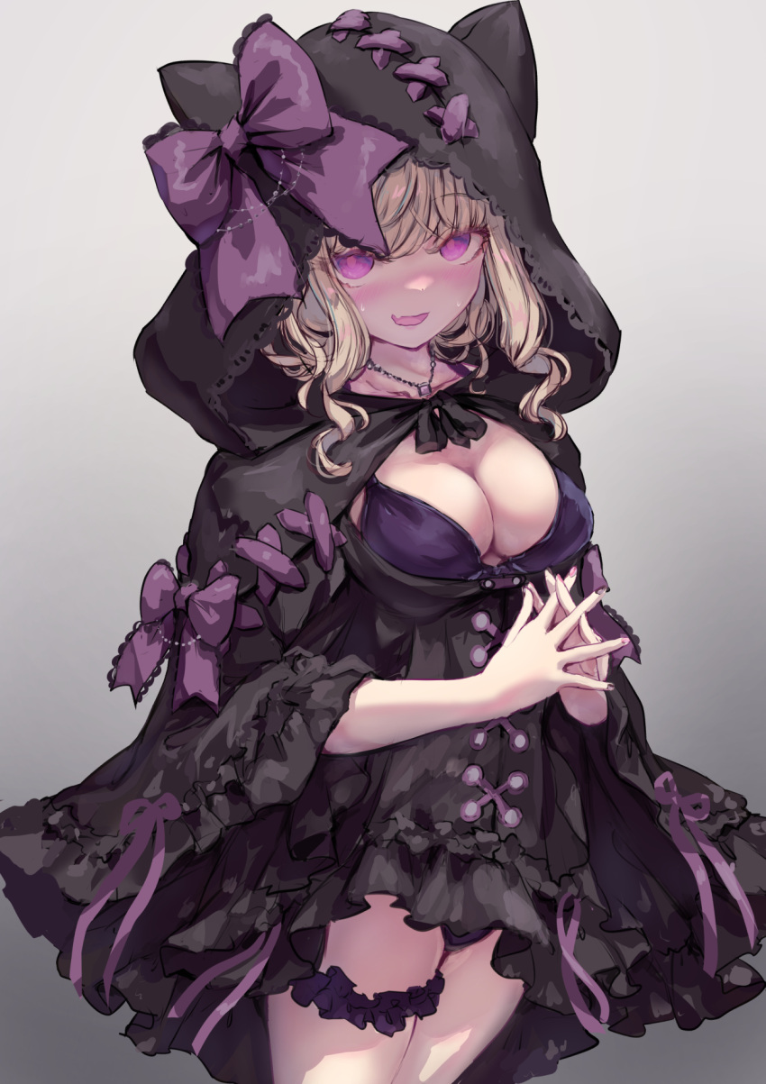 1girl :d animal_ear_hood black_dress black_hood blush bow bra breasts bridal_garter cleavage cowboy_shot dress fang gradient_background grey_background highres hood jewelry large_breasts looking_at_viewer missile228 necklace open_mouth original own_hands_clasped own_hands_together panties purple_bow purple_bra purple_eyes purple_panties purple_ribbon ribbon skin_fang smile sweat underwear