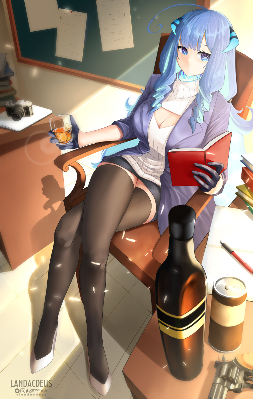 1girl absurdres ahoge alcohol artist_logo black_gloves black_skirt book bottle breasts camera can chair cleavage cleavage_cutout clothing_cutout commission crossed_legs cup drill_hair drill_sidelocks drink drinking_glass dullahan full_body glass gloves gun high_heels highres holding holding_book horns ice ice_cube jacket landacdeus large_breasts liquor long_hair on_chair pencil_skirt prism_project revolver rikudou_yura shadow sidelocks sitting skeb_commission skirt sweater symbol-shaped_pupils thighhighs turtleneck turtleneck_sweater twitter_username very_long_hair virtual_youtuber weapon whiskey white_footwear x-shaped_pupils