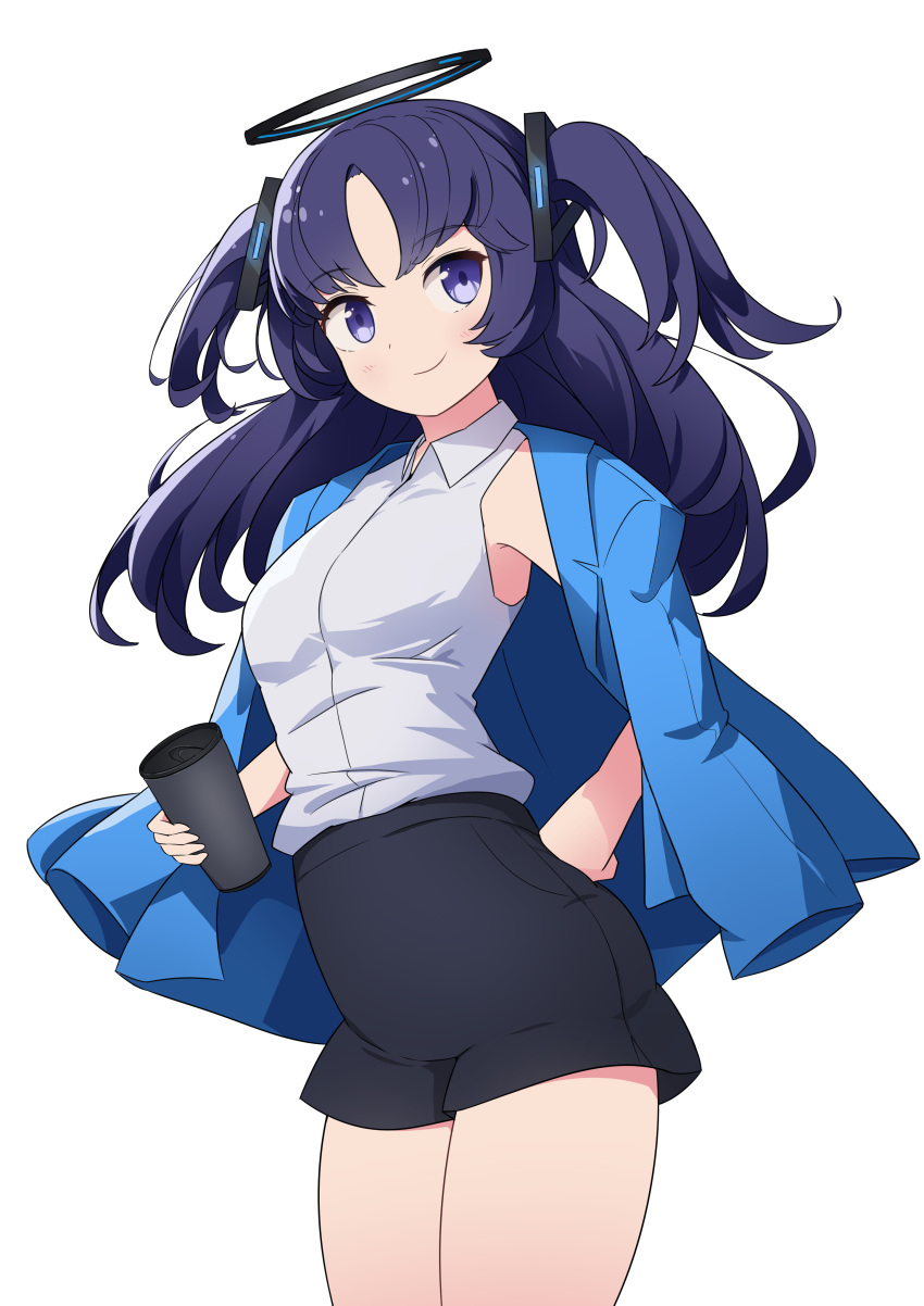 1girl absurdres black_skirt blue_archive blue_jacket blush breasts closed_mouth collared_shirt cowboy_shot cup halo highres holding holding_cup jacket jacket_on_shoulders kittenlochen large_breasts long_hair looking_at_viewer mechanical_halo purple_eyes purple_hair shirt simple_background skirt sleeveless sleeveless_shirt smile solo thighs two_side_up white_background white_shirt yuuka_(blue_archive)