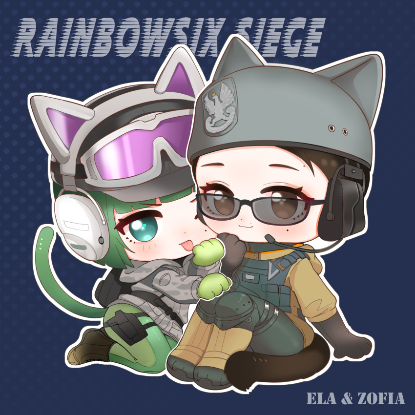 2girls absurdres animal_hands arknights baseball_cap black_gloves blue_background blue_eyes blush boots brown_eyes brown_footwear brown_hair brown_jacket camouflage camouflage_jacket cat_tail character_name chibi closed_mouth commentary_request copyright_name ear_protection ela_(rainbow_six_siege) elbow_gloves gloves goggles goggles_on_headwear green_gloves green_hair green_pantyhose grey_hat grey_jacket hairtail hat headset helmet highres hood hood_down hooded_jacket jacket knee_pads knees_up looking_at_viewer multiple_girls outline pantyhose paw_gloves polka_dot polka_dot_background rainbow_six_siege simple_background sitting smile sunglasses swept_bangs tail tongue tongue_out white_outline zofia_(rainbow_six_siege)