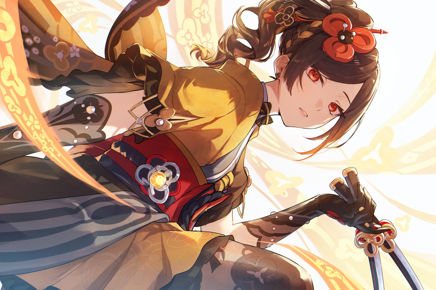 1girl absurdres aoppoi_oto black_gloves brown_hair chiori_(genshin_impact) commentary genshin_impact gloves haori highres holding holding_sword holding_weapon japanese_clothes looking_at_viewer miniskirt obi orange_eyes pleated_skirt ponytail red_sash sash short_sleeves skirt solo sword weapon yellow_skirt