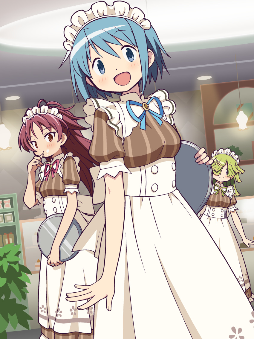 3girls absurdres aki_mabayu alternate_costume blue_eyes breasts commentary_request cowboy_shot dress enmaided gecchu green_hair highres holding holding_tray indoors long_dress long_hair looking_at_viewer magia_record:_mahou_shoujo_madoka_magica_gaiden mahou_shoujo_madoka_magica mahou_shoujo_madoka_magica_(anime) maid maid_headdress medium_breasts miki_sayaka multiple_girls open_mouth puffy_short_sleeves puffy_sleeves purple_eyes red_eyes red_hair sakura_kyoko short_hair short_sleeves small_breasts smile tray