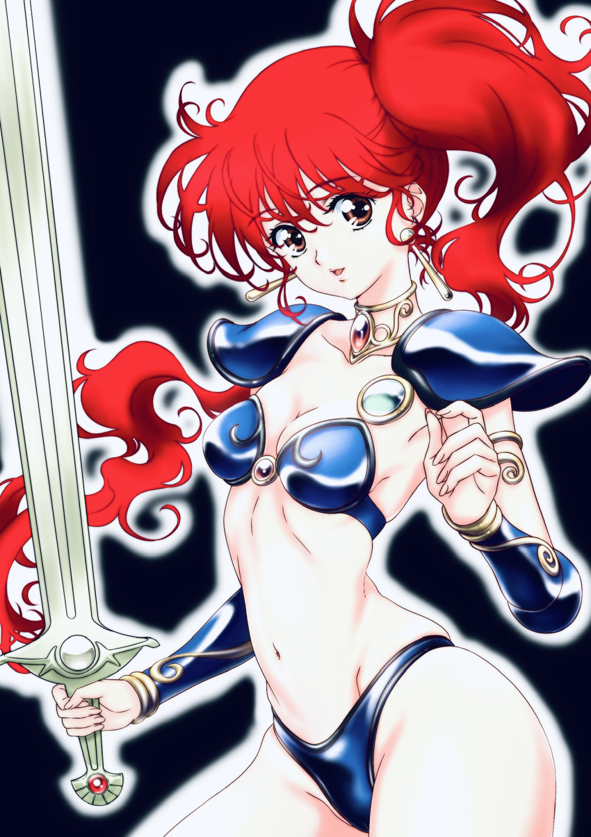 1girl armor asagiri_youko bikini bikini_armor blue_bikini breasts brown_eyes commentary_request genmu_senki_leda highres holding holding_sword holding_weapon long_hair looking_at_viewer navel parted_lips red_hair shoulder_armor side_ponytail small_breasts smile solo swimsuit sword watanabe_yoshihiro weapon