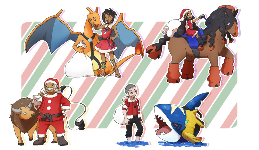 2boys 2girls :d ^_^ bag black_footwear black_hair boots breasts brown_eyes charizard christmas closed_eyes dark_skin diagonal-striped_background diagonal_stripes dragon earrings facial_hair gen_1_pokemon gen_3_pokemon gen_7_pokemon grey_hair hala_(pokemon) happy hapu'u_(pokemon) hat high_heels highres horns horse island_kahuna jewelry kuchinashi_(pokemon) long_hair lychee_(pokemon) miu_(miuuu_721) mudsdale multiple_boys multiple_girls mustache old_man open_mouth partially_submerged pokemon pokemon_(game) pokemon_sm riding riding_pokemon saddle santa_costume santa_hat sharp_teeth sharpedo short_hair sitting small_breasts smile standing striped striped_background tauros teeth twintails water white_hair