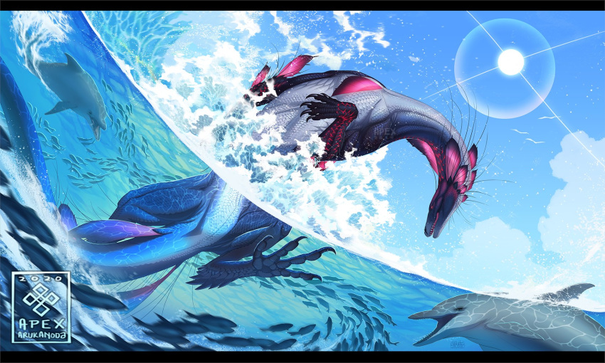 2020 5:3 ambient_bird ambient_fish ambient_sealife ambiguous_gender arukanoda avian bird black_bars black_claws blue_body blue_scales bubble caustics cetacean claws cloud countershade_torso countershading day delphinoid detailed detailed_background detailed_scales dorsal_fin feral fin finger_claws fish frill_(anatomy) grey_body grey_scales group hi_res lens_flare letterbox long_whiskers mammal marine membrane_(anatomy) membranous_frill open_mouth outside partially_submerged pink_frill scales scalie sea_monster shaded sharp_teeth sky splash sun swimming teeth toe_claws tongue toothed_whale underwater water whiskers