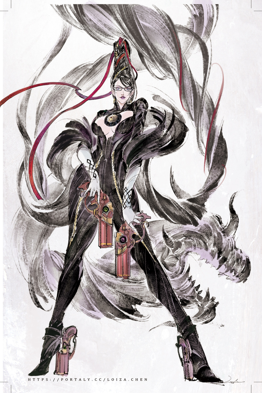 1girl ankle_gun artist_name bayonetta bayonetta_(series) bayonetta_1 black_bodysuit black_hair bodysuit breasts cleavage_cutout clothing_cutout dual_wielding full_body glasses gomorrah_(bayonetta) gun high_heels highres holding holding_gun holding_weapon large_breasts loiza long_hair mole mole_under_mouth parted_lips red_lips solo standing weapon white_background