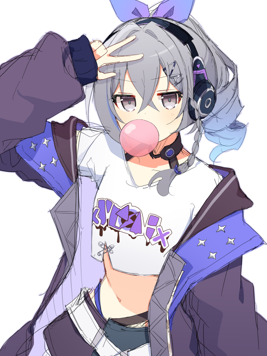 1girl absurdres arm_up belt black_shorts blowing_bubbles blue_hair blue_ribbon braid chewing_gum clothes_writing coat collarbone commentary_request crossed_bangs drill_hair drill_ponytail gradient_hair grey_eyes grey_hair hair_between_eyes hair_ornament hair_ribbon hairpin headphones highres honkai:_star_rail honkai_(series) long_hair long_sleeves looking_at_viewer multicolored_hair navel official_alternate_costume open_clothes open_coat ponytail puffy_long_sleeves puffy_sleeves purple_coat purple_shorts ribbon shirt short_sleeves shorts sidelocks silver_wolf_(honkai:_star_rail) silver_wolf_(honkai:_star_rail)_(samsung) simple_background single_braid solo sparkle standing t-shirt two-tone_shorts uwasewau w white_background white_belt white_shirt