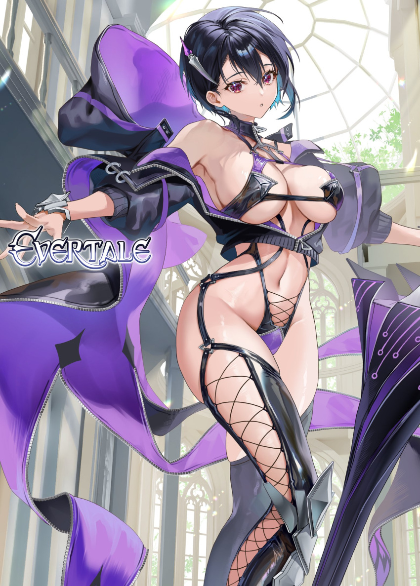 1girl artist_request bare_shoulders black_hair blue_hair breasts cleavage commentary_request company_name dome evertale hair_ornament highres hood indoors jacket knee_pads large_breasts leotard logo looking_at_viewer multicolored_hair navel official_art parted_lips perceval_(evertale) red_eyes revealing_clothes shiny_skin short_hair solo stomach thighs zipper zipper_pull_tab