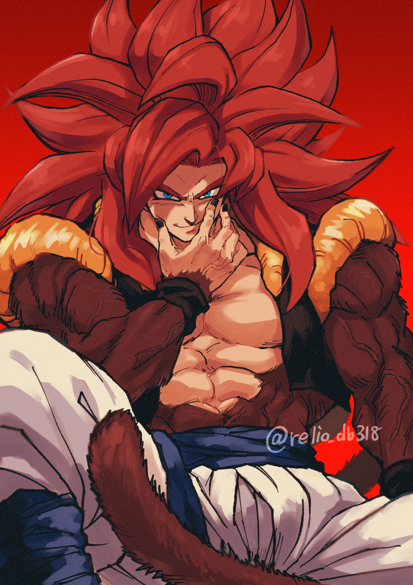 1boy absurdres biceps black_wristband blue_eyes blue_sash body_fur dragon_ball dragon_ball_gt gogeta highres looking_at_viewer male_focus metamoran_vest monkey_boy monkey_tail muscular muscular_male no_nipples pants pectorals red_hair relio_db318 sash simple_background smile solo spiked_hair super_saiyan super_saiyan_4 tail veins veiny_hands white_pants