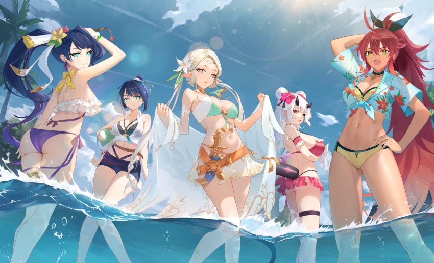 5girls :o ahoge alexa_(epic_seven) aqua_eyes arm_strap arm_up armpit_crease arms_up ass ass_lift bare_shoulders bellona_(epic_seven) belt bikini bikini_skirt black_bikini black_choker black_horns black_ribbon black_tail black_trim blue_hair blue_shorts blue_sky bow bowtie bracelet braid braided_bangs breasts brown_belt cermia_(epic_seven) cermia_(swimsuit_cermia)_(epic_seven) choker cloud collarbone criss-cross_halter cropped_shirt cross-shaped_pupils dagger day double-parted_bangs double_bun epic_seven fang floral_print_shirt floral_print_skirt flower flower_request frilled_bikini frilled_straps frills from_behind from_below front-tie_top gem gold_thighlet gradient_hair green_bikini green_bracelet green_gemstone green_tassel hair_between_eyes hair_bun hair_flower hair_ornament hair_ribbon halterneck hand_on_own_ass hand_on_own_head hand_on_own_hip high_ponytail highres holiday_yufine_(epic_seven) horns impossible_clothes impossible_swimsuit inflatable_toy iseria_(epic_seven) jewelry knife large_breasts long_hair looking_at_viewer looking_back medium_breasts medium_hair multicolored_hair multiple_girls navel open_mouth orange_belt orange_eyes outdoors pink_bikini pink_flower pointy_ears ponytail purple_bikini purple_eyes purple_hair red_flower red_hair ribbon ribbon_earrings sarong seaside_bellona_(epic_seven) serelith shin_strap shirt short_shorts short_sleeves shorts sidelocks single_braid single_thighhigh skin_fang sky sleeveless sleeveless_shirt smile spiked_tail standing strapless strapless_bikini summer's_disciple_alexa_(epic_seven) summertime_iseria_(epic_seven) sunlight swimsuit symbol-shaped_pupils tail teeth thick_eyelashes thigh_strap thighhighs thighs tied_shirt tree upper_teeth_only v-shaped_eyebrows very_long_hair wading water weapon white_bikini white_flower white_hair white_sarong white_shirt white_thighhighs yellow_bikini yellow_bow yellow_bowtie yellow_flower yufine_(epic_seven)