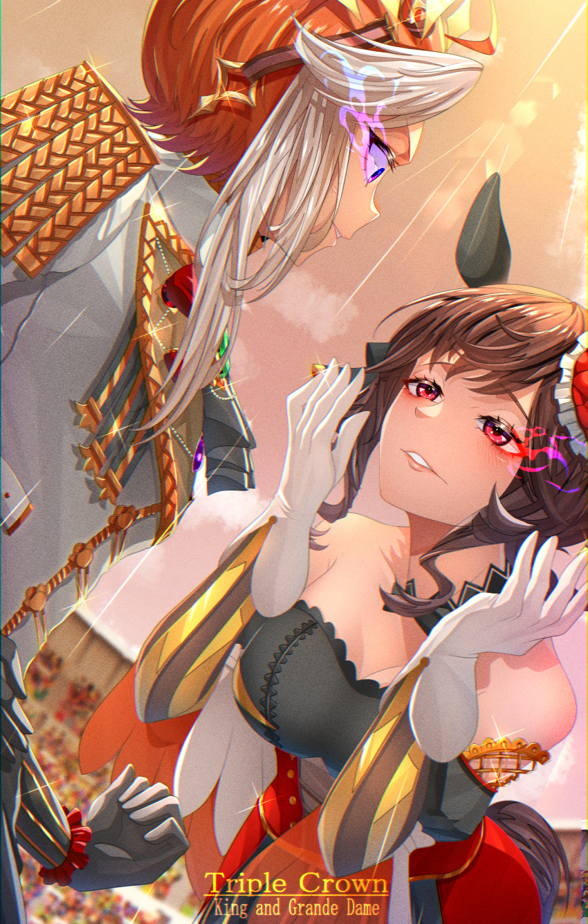 2girls ahoge amekudaki animal_ears bare_shoulders black_gloves braided_hair_rings brown_hair detached_sleeves dress ear_covers ear_ornament english_text epaulettes gentildonna_(umamusume) gloves highres horse_ears horse_girl multicolored_hair multiple_girls orfevre_(umamusume) outdoors purple_eyes rain red_eyes streaked_hair umamusume upper_body wet wet_clothes white_gloves