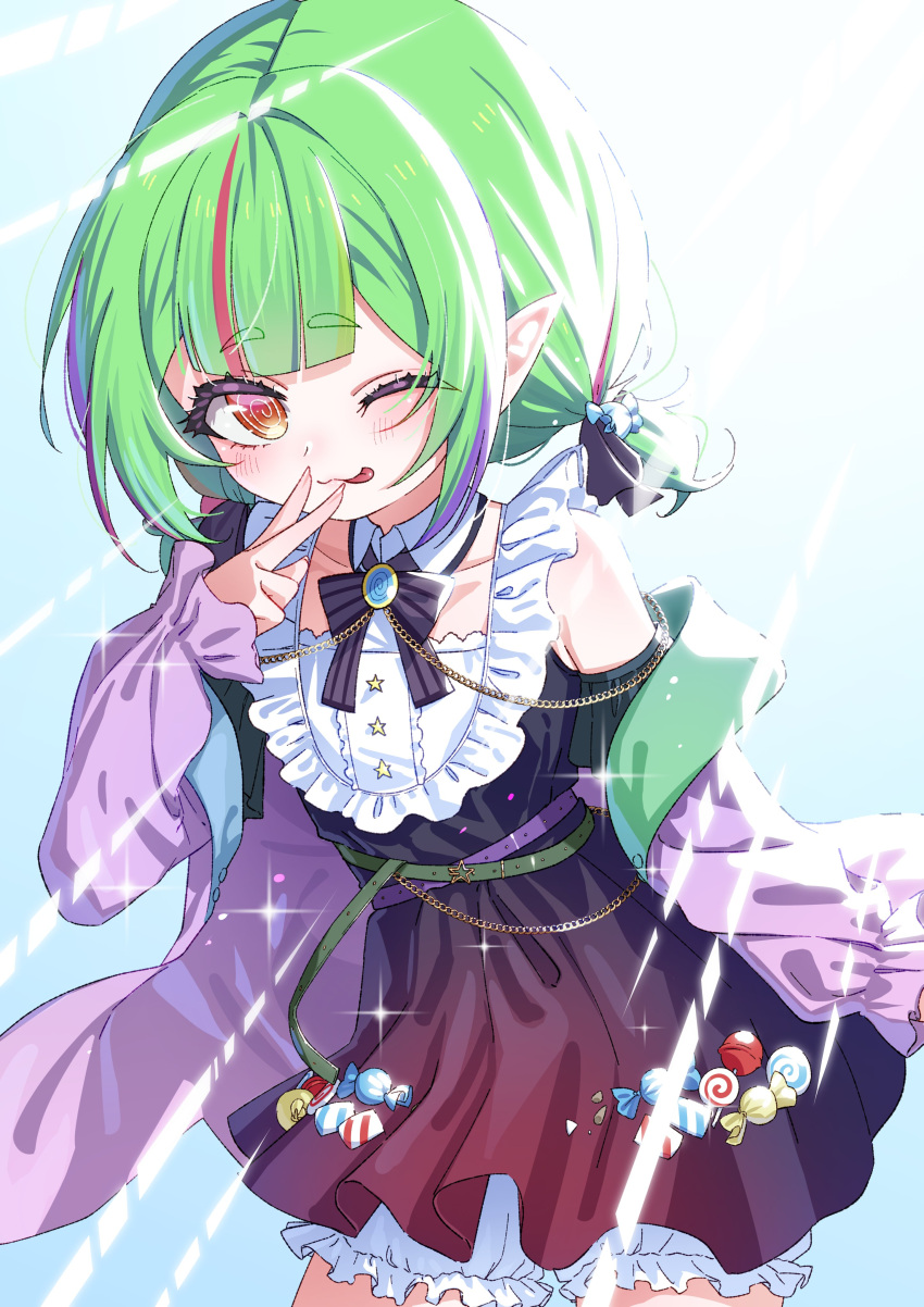 1girl :p @_@ absurdres belt black_bow black_bowtie black_dress black_ribbon blue_brooch bow bowtie candy collar collarbone commission detached_collar dress food frilled_dress frills green_belt green_hair hair_ribbon hexa_(vtuber) highres indie_virtual_youtuber jacket lollipop multicolored_hair one_eye_closed pointy_ears purple_belt purple_hair purple_jacket red_hair ribbon skeb_commission solo star_(symbol) streaked_hair tachibana_reiya tongue tongue_out white_collar wrapped_candy