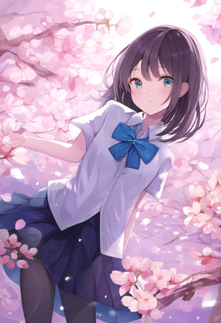 1girl black_pantyhose blue_bow bow branch breasts brown_hair cherry_blossoms closed_mouth clothes_lift commentary_request falling_petals flower highres jc_(user_ctgd2855) looking_at_viewer original outdoors pantyhose petals pink_flower pleated_skirt school_uniform shirt short_hair skirt skirt_lift small_breasts solo spring_(season) tree uniform wind wind_lift