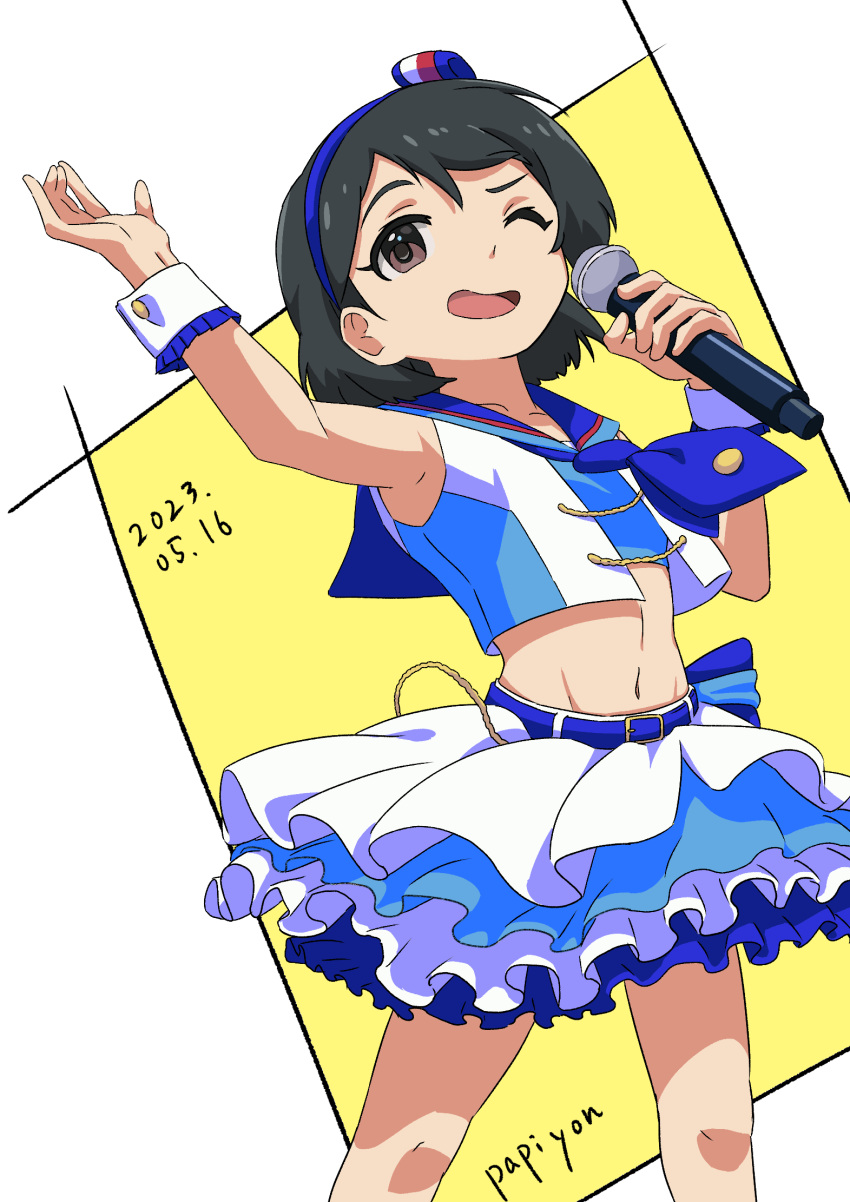 1girl black_hair brown_eyes crop_top flat_chest frilled_skirt frills hairband highres idol_clothes idolmaster idolmaster_cinderella_girls idolmaster_cinderella_girls_u149 microphone navel one_eye_closed open_mouth papiyon1297 sailor_collar sasaki_chie short_hair skirt solo wrist_cuffs