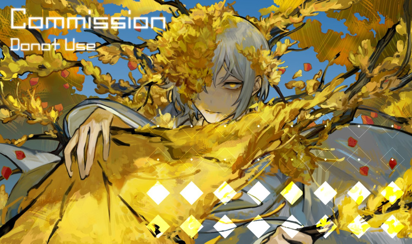 1girl branch closed_mouth coat commentary commission dongbaek_(project_moon) e.g.o_(project_moon) flower grey_coat grey_hair highres holding holding_branch limbus_company looking_at_viewer nishikujic project_moon short_hair sidelocks solo yellow_eyes yellow_flower