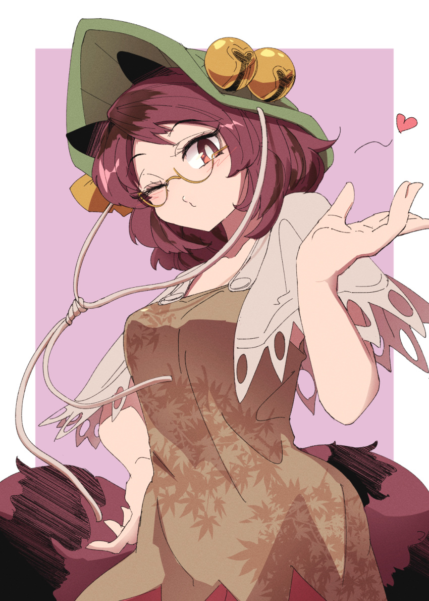 1girl animal_ears blowing_kiss border breasts bright_pupils brown_eyes brown_hair brown_shirt brown_skirt closed_mouth futatsuiwa_mamizou glasses heart highres leaf leaf_on_head looking_at_viewer medium_breasts one_eye_closed pink_background raccoon_ears raccoon_girl raccoon_tail round_eyewear ryouryou semi-rimless_eyewear shirt short_hair short_sleeves skirt solo tail touhou white_border white_pupils