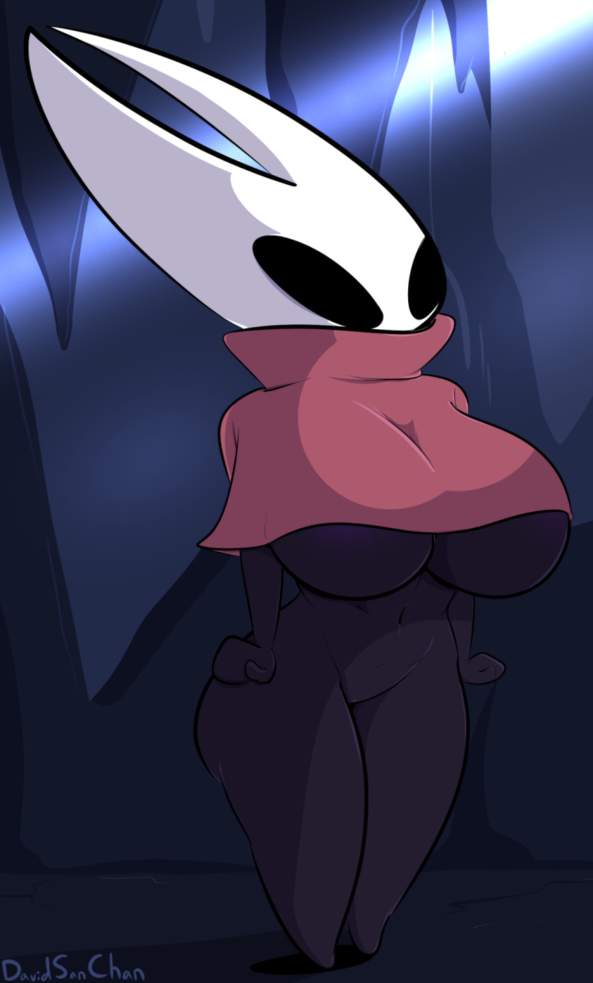 2_horns anthro arthropod artist_name belly black_arms black_belly black_body black_breasts black_eyes black_legs blue_text bottomless breasts cave cloak clothed clothing davidsanchan digital_drawing_(artwork) digital_media_(artwork) female fist genitals hands_on_hips hi_res hollow_knight horn hornet_(hollow_knight) insect looking_forward mouthless navel noseless not_furry pussy red_cloak short_stack simple_background solo standing team_cherry text