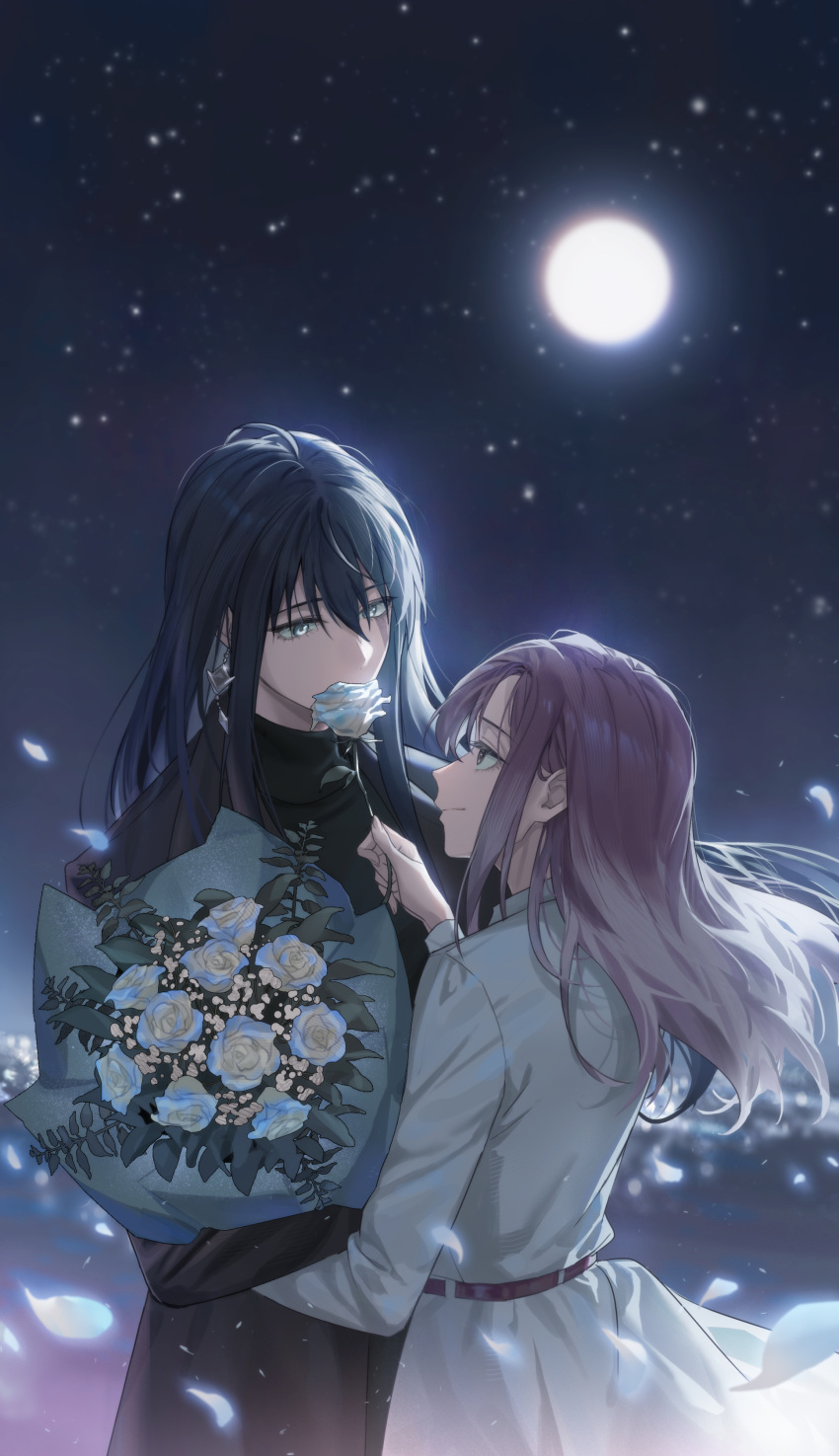 2girls absurdres black_coat black_hair black_shirt blue_eyes blue_flower blue_rose bouquet closed_mouth coat commentary earrings flower gradient_hair highres holding holding_bouquet jewelry long_hair long_sleeves looking_at_another moon multicolored_hair multiple_girls night night_sky outdoors path_to_nowhere rahu_(path_to_nowhere) red_hair rekari_(rekari628) rose shalom_(path_to_nowhere) shirt sky smile upper_body white_coat white_hair yuri
