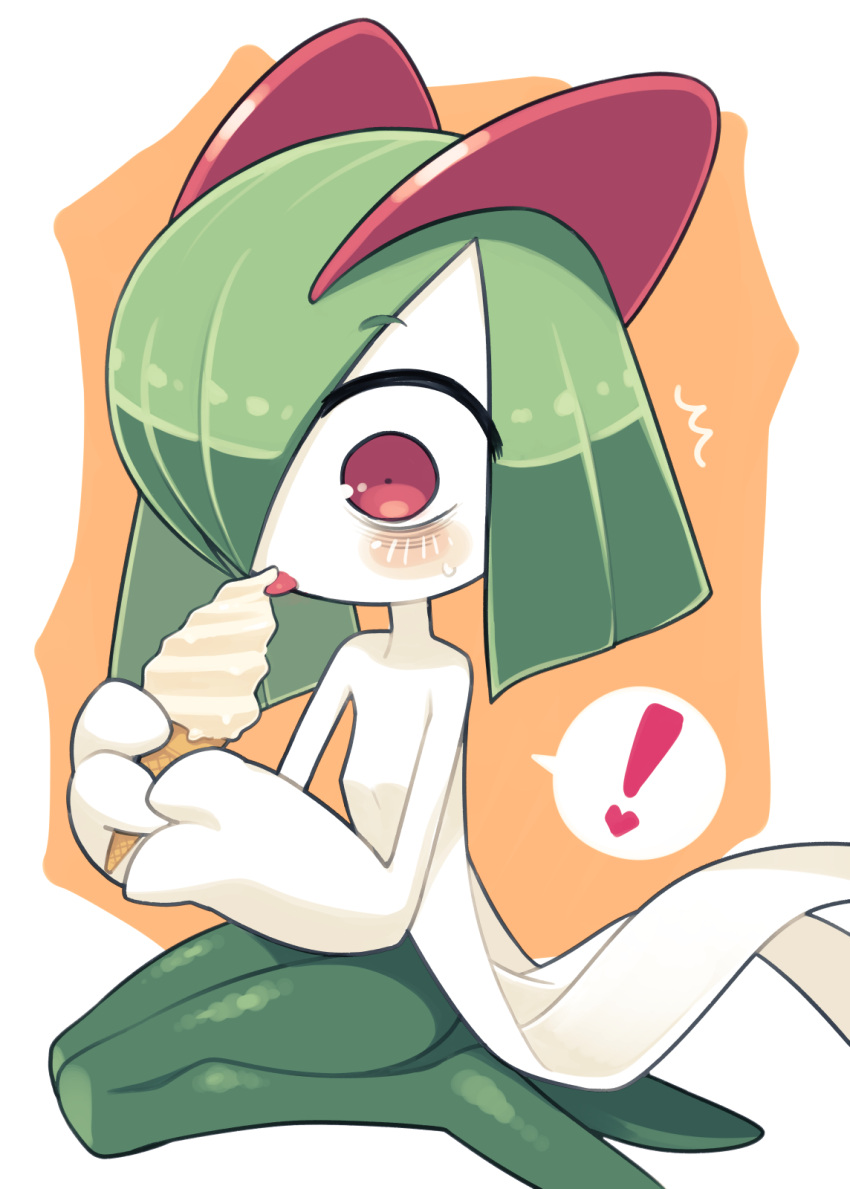 ! bags_under_eyes food green_hair hair_over_one_eye highres holding holding_food holding_ice_cream horns ice_cream ice_cream_cone ino_(tellu0120) kirlia orange_background pink_eyes pokemon pokemon_(creature) seiza sidelocks simple_background sitting tongue tongue_out