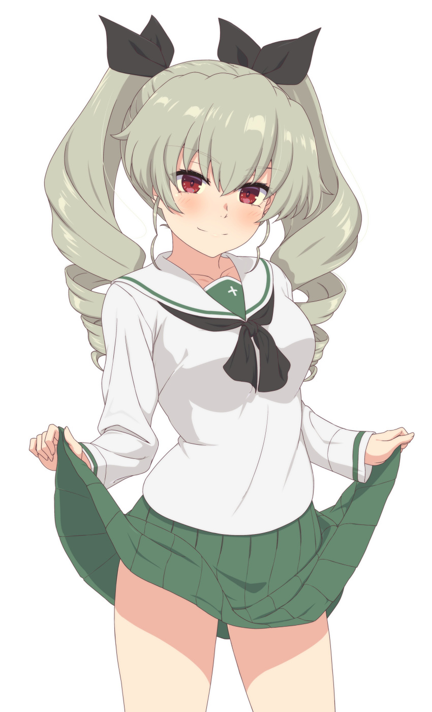 1girl absurdres ada_badguy anchovy_(girls_und_panzer) black_neckerchief blush bow breasts clothes_lift drill_hair girls_und_panzer green_hair green_skirt hair_bow highres lifted_by_self long_hair long_sleeves looking_at_viewer medium_breasts neckerchief ooarai_school_uniform pleated_skirt red_eyes school_uniform serafuku shirt simple_background skirt skirt_lift smile solo twin_drills white_background white_shirt