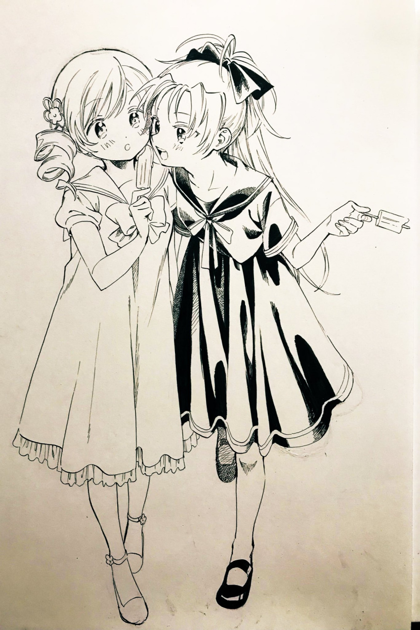 2girls :o alternate_costume antenna_hair blush_stickers bow bowtie collarbone collared_dress commentary_request dress drill_hair eating food frilled_dress frills full_body greyscale hair_bow hair_ornament hairpin high_ponytail highres holding holding_food holding_popsicle knees long_hair looking_at_food mahou_shoujo_madoka_magica mahou_shoujo_madoka_magica_(anime) mary_janes medium_skirt monochrome multiple_girls no+bi= open_mouth photo_(medium) pleated_skirt popsicle sailor_collar sailor_dress sakura_kyoko shoes short_sleeves skirt smile teeth tomoe_mami traditional_media twin_drills upper_teeth_only very_long_hair