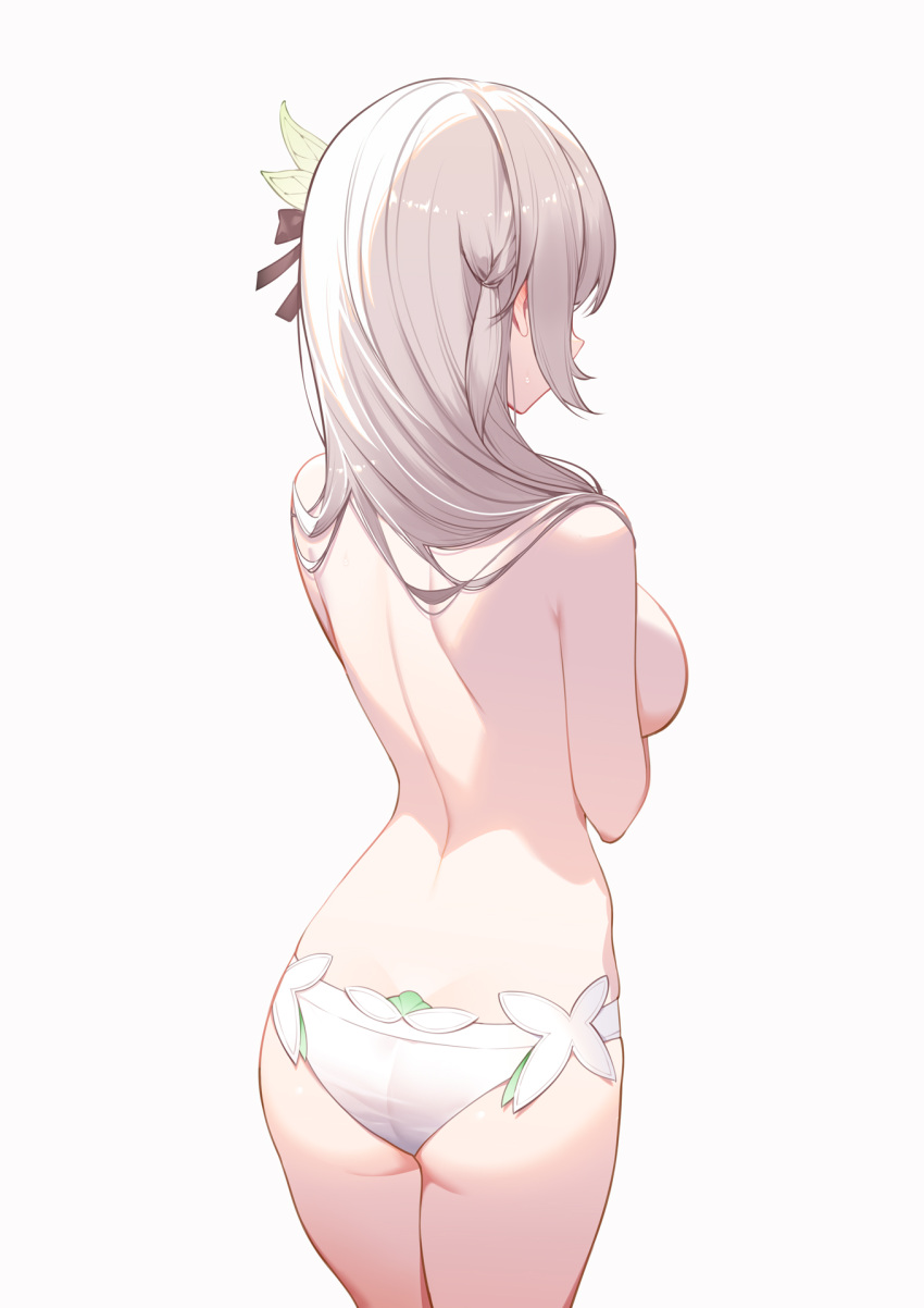 1girl ass breasts commentary cowboy_shot firefly_(honkai:_star_rail) highres honkai:_star_rail honkai_(series) large_breasts long_hair panties simple_background solo standing thighs topless underwear white_background white_hair white_panties xion32