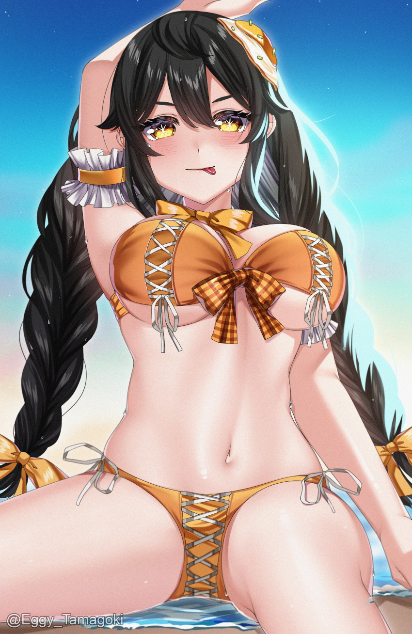 1girl :p absurdres arm_up bikini black_hair blue_sky blush bow bow_bikini bowtie braid breasts egg_hair_ornament eggy_tamagoki food-themed_hair_ornament hair_between_eyes hair_bow hair_ornament highres long_hair navel orange_bikini orange_bow original plaid plaid_bow side-tie_bikini_bottom sitting sky solo swimsuit tongue tongue_out twin_braids twitter_username water wet yellow_bow yellow_bowtie yellow_eyes