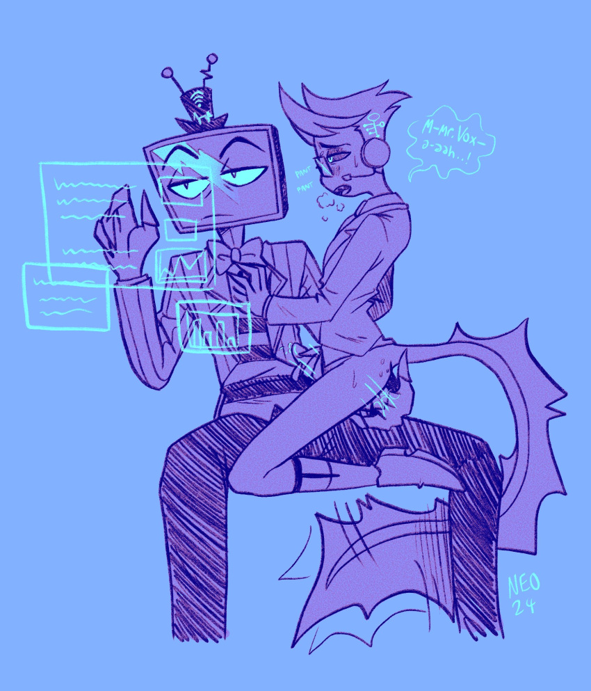 anal anal_fingering anthro bodily_fluids clothed clothing demon duo fingering hazbin_hotel hi_res looking_pleasured male male/male masturbation n30draws on_lap partially_clothed sitting_on_lap sweat vox's_assistant_(hazbin_hotel) vox_(hazbin_hotel)