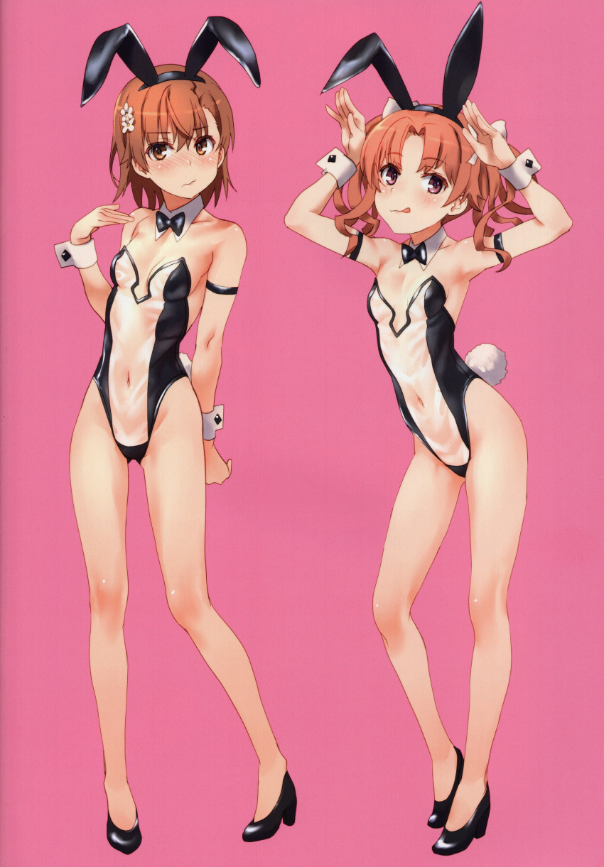 2girls absurdres animal_ears armpits bare_shoulders blush breasts brown_eyes brown_hair closed_mouth covered_navel detached_collar embarrassed fake_animal_ears fake_tail full_body hair_ornament highleg highleg_leotard highres leotard long_hair looking_at_viewer misaka_mikoto multiple_girls open_mouth pink_background rabbit_ears rabbit_pose rabbit_tail raika9 scan see-through shiny_skin shirai_kuroko short_hair simple_background small_breasts smile standing strapless strapless_leotard tail thighhighs thighs toaru_kagaku_no_railgun toaru_majutsu_no_index tongue tongue_out twintails wrist_cuffs