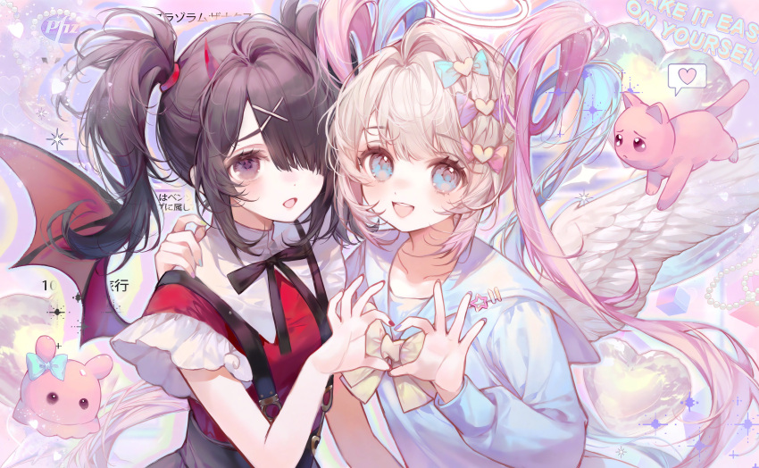 2girls :d absurdres ame-chan_(needy_girl_overdose) angel_and_devil angel_wings black_hair black_ribbon blonde_hair blue_bow blue_eyes blue_hair blue_shirt bow cat chinese_commentary chouzetsusaikawa_tenshi-chan commentary_request demon_horns demon_wings dual_persona feathered_wings hair_bow hair_ornament hair_over_one_eye halo hand_on_another's_shoulder hand_up hands_up heart heart_hands heart_hands_duo highres horns ling_ling_miao_jiao_cui long_hair long_sleeves looking_at_viewer multicolored_hair multiple_girls neck_ribbon needy_girl_overdose octopus open_mouth pien_cat_(needy_girl_overdose) pink_bow pink_hair purple_bow purple_eyes quad_tails red_shirt red_wings ribbon sailor_collar shirt smile suspenders twintails upper_body white_wings wings x_hair_ornament