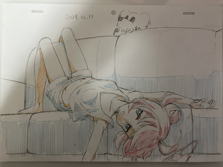 1girl bare_legs barefoot blue_archive blue_eyes breasts colored_pencil_(medium) couch crop_top double_bun hair_bun halo highres lying maki_(blue_archive) navel on_back papiyon1297 photo_(medium) red_hair short_shorts shorts sketch small_breasts solo tank_top traditional_media