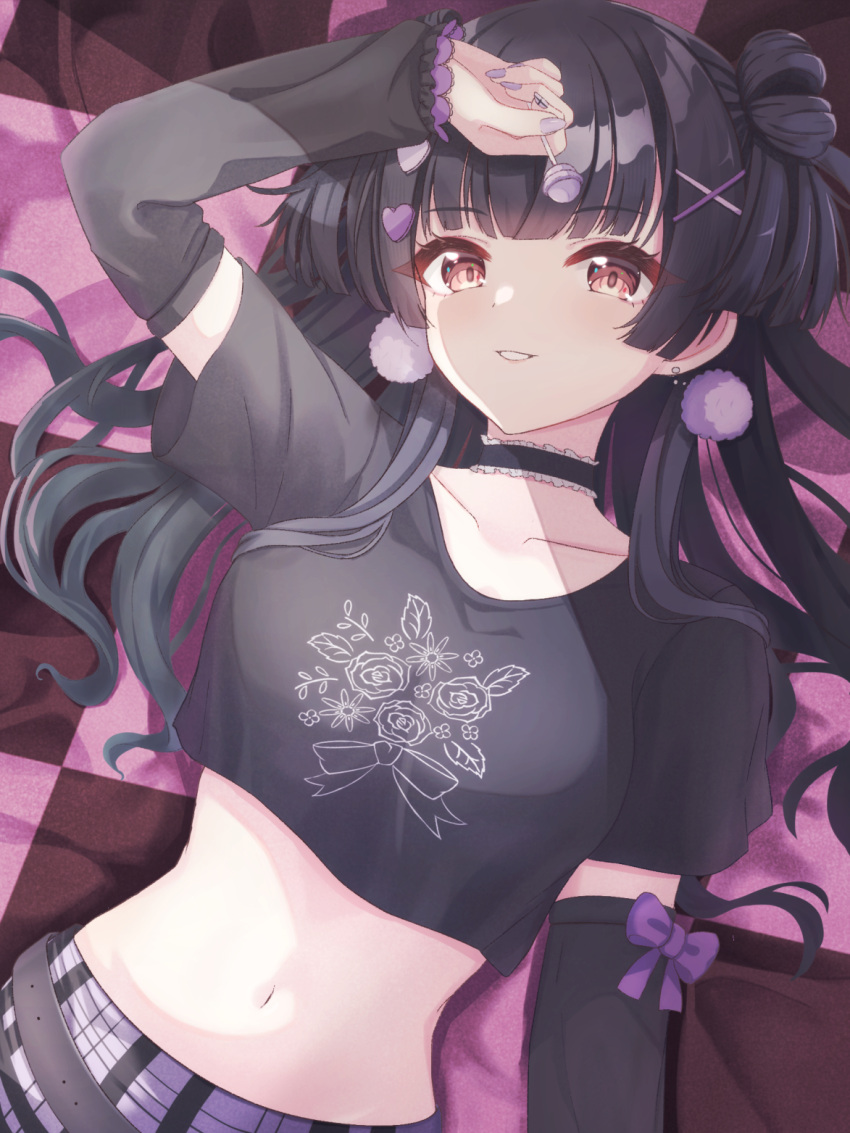 1girl arm_up bed_sheet belt black_belt black_choker black_hair bow breasts candy choker chupa_chups commentary_request crop_top cropped_shirt earrings floral_print food hair_ornament heart heart_hair_ornament highres holding holding_candy holding_food holding_lollipop idolmaster idolmaster_shiny_colors jewelry keshi_kado lollipop long_hair looking_at_viewer lying manicure mayuzumi_fuyuko medium_breasts midriff nail_polish navel on_back on_bed partial_commentary pink_bow purple_skirt skirt smile solo stomach x_hair_ornament yellow_eyes