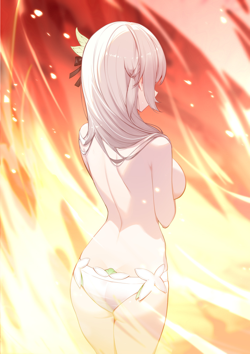 1girl ass breasts commentary cowboy_shot fire firefly_(honkai:_star_rail) highres honkai:_star_rail honkai_(series) large_breasts long_hair panties solo standing thighs topless underwear white_hair white_panties xion32