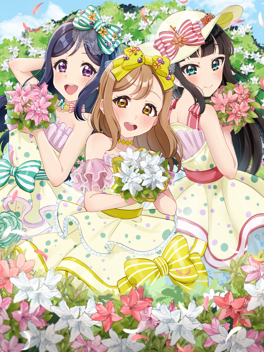 3girls :d absurdres aqua_eyes azalea_(love_live!) black_hair bouquet bow brown_eyes brown_hair closed_mouth collarbone dress floating_hair flower hair_bow hat highres holding holding_bouquet kunikida_hanamaru kurosawa_dia kyaku_tasu long_hair looking_at_viewer love_live! love_live!_sunshine!! matsuura_kanan multiple_girls open_mouth pink_flower polka_dot polka_dot_dress purple_eyes sleeveless sleeveless_dress smile striped_bow sun_hat very_long_hair white_dress white_flower yellow_bow