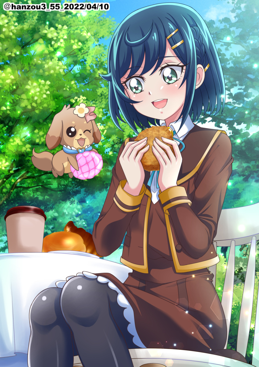 1girl black_pantyhose blue_hair blue_ribbon blue_sky bob_cut braid bread brown_dress brown_jacket chair commentary cup dated day delicious_party_precure disposable_cup dress dress_shirt food frown fuwa_kokone green_eyes hair_ornament hairclip hanzou highres holding holding_food jacket long_sleeves looking_at_another medium_dress neck_ribbon on_chair open_mouth outdoors pam-pam_(precure) pantyhose precure ribbon school_uniform shinsen_middle_school_uniform shirt short_hair sitting sky solo table twitter_username white_shirt wing_collar