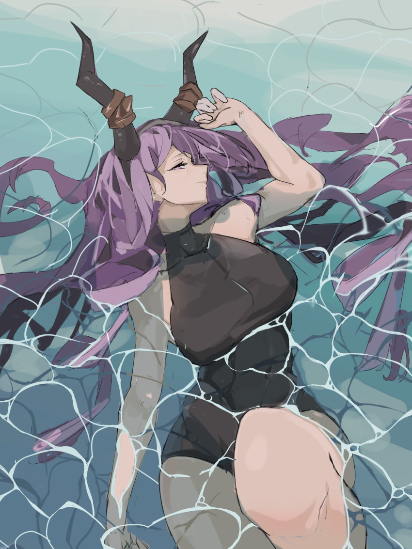 acctops arknights black_horns black_shirt breasts highres horn_hairband horns in_water large_breasts off_shoulder purple_hair shirt single_thighhigh thighhighs typhon_(arknights)