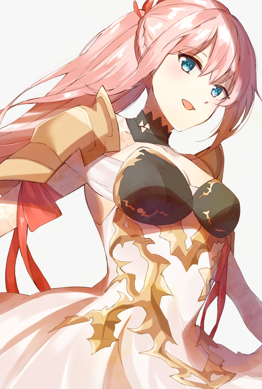 1girl :d armor black_choker blue_eyes braid breasts choker cleavage dress edamameoka floating_hair hair_between_eyes highres long_hair medium_breasts open_mouth pink_hair ponytail red_ribbon ribbon shionne_(tales) shoulder_armor sketch smile solo tales_of_(series) tales_of_arise white_background white_dress