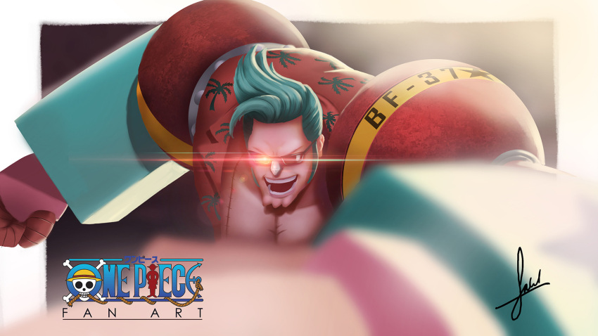 1boy blue_hair clenched_hands commentary english_commentary english_text fadhilmostain franky_(one_piece) highres logo long_sideburns male_focus one_piece open_mouth realistic short_hair sideburns signature skull_and_crossbones smile solo spiked_hair sunglasses teeth