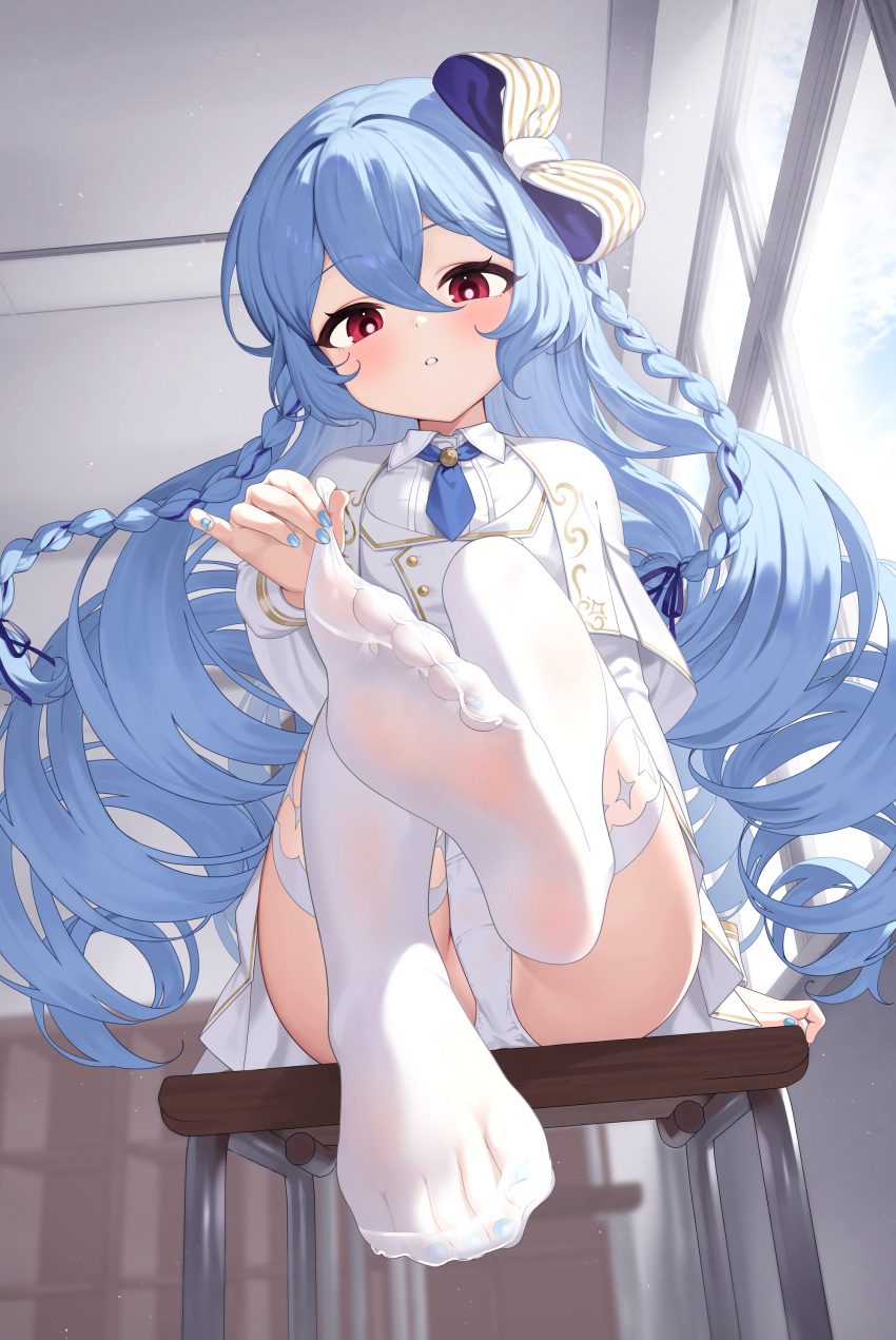 1girl absurdres arm_support black_ribbon blue_hair blue_nails blue_necktie blurry blurry_background blush bow braid capelet chair collared_shirt commentary_request day double-parted_bangs feet flat_chest floating_hair foot_focus foreshortening getabako hair_between_eyes hair_bow hair_ribbon hectyne highres indoors jacket knee_up long_hair long_sleeves looking_down nail_polish necktie no_shoes on_chair original panties pantyshot pink_pupils red_eyes ribbon school_chair shirt short_necktie side_braids sitting soles solo striped_bow teeth thighhighs toenail_polish toenails toes underwear very_long_hair white_bow white_capelet white_jacket white_panties white_shirt white_thighhighs window